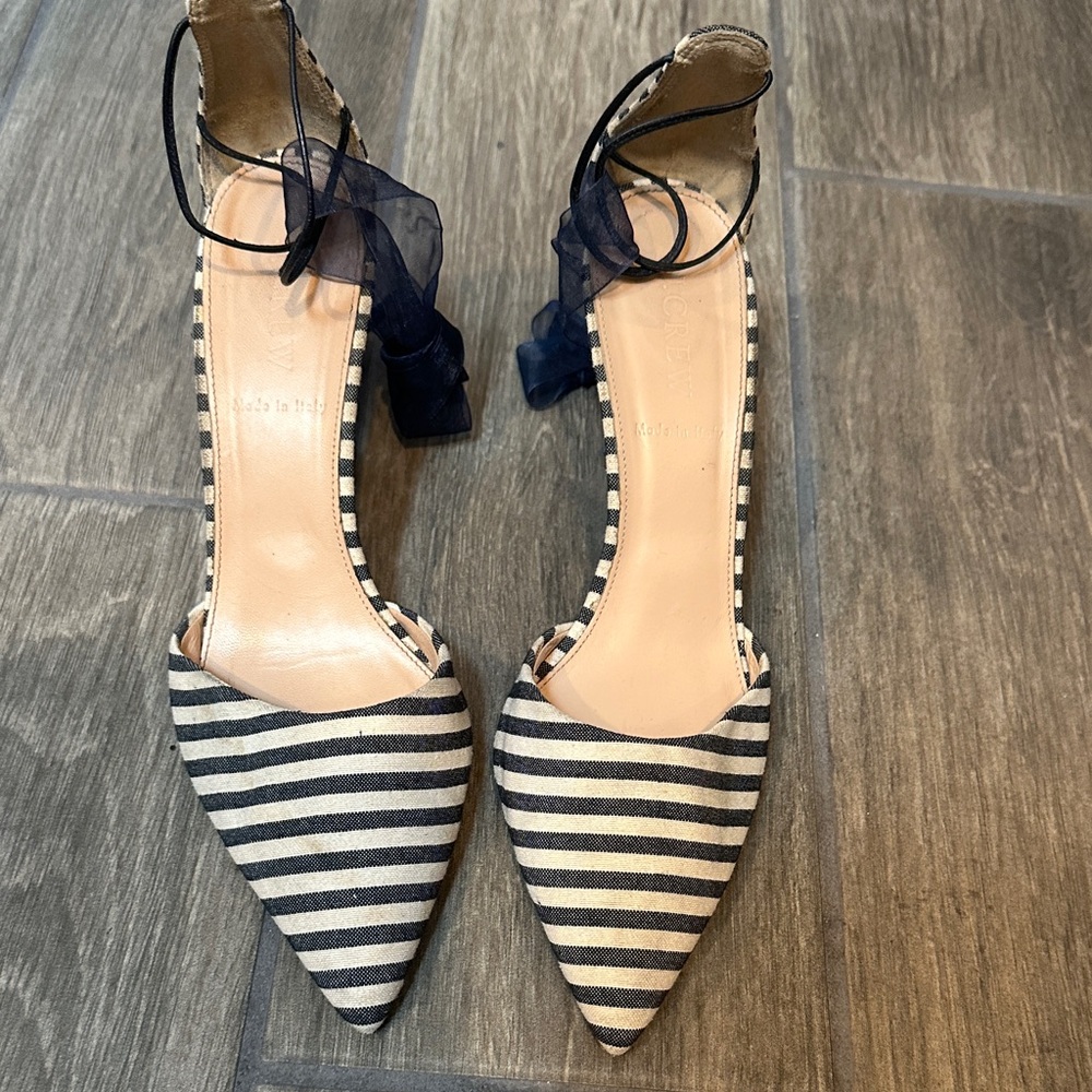 J. Crew Striped Navy and Cream Women's Heels, Size 7.5. Navy Ankle Tie.
